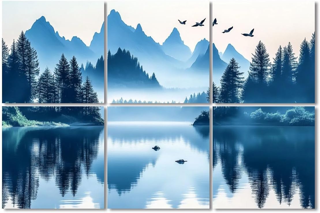 6 Pack Art Acoustic Panels Sound Absorbing Forest Modern Blue Mountains Lake Pine Trees Birds Flight Misty Decorative Soundproof Wall Panels Self Adhesive for Recording Studios Office 72