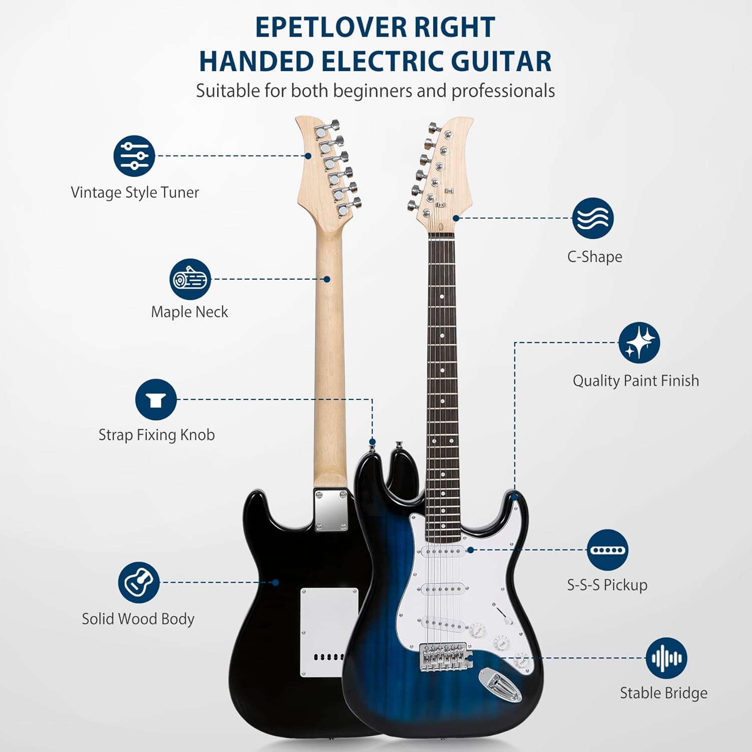 39 Inch Full Size Electric Guitar Beginner Starter Kit with 10W Amplifier, Bag, Strap, Strings, Tuner, Cable, Picks, Blue