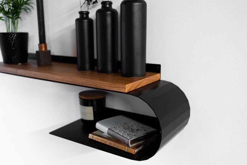 Wall Mount Handmade Wall Shelf from Oak and Metal, Wooden Shelf with Metal Rail for Home Storage and Organization, Wandregal Eiche Metall