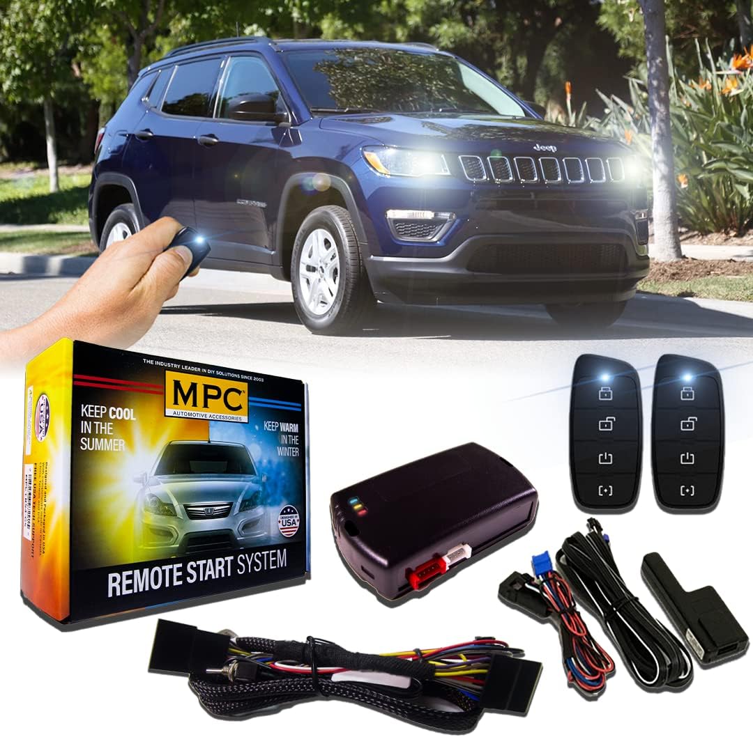 MPC Plug N Play Remote Starter Compatible with 2008-2017 Jeep Compass |Gas| |Key to Start| with T-Harness - (2) Extended Range 4-Button 2-Way Remotes - Up to 1,500 ft