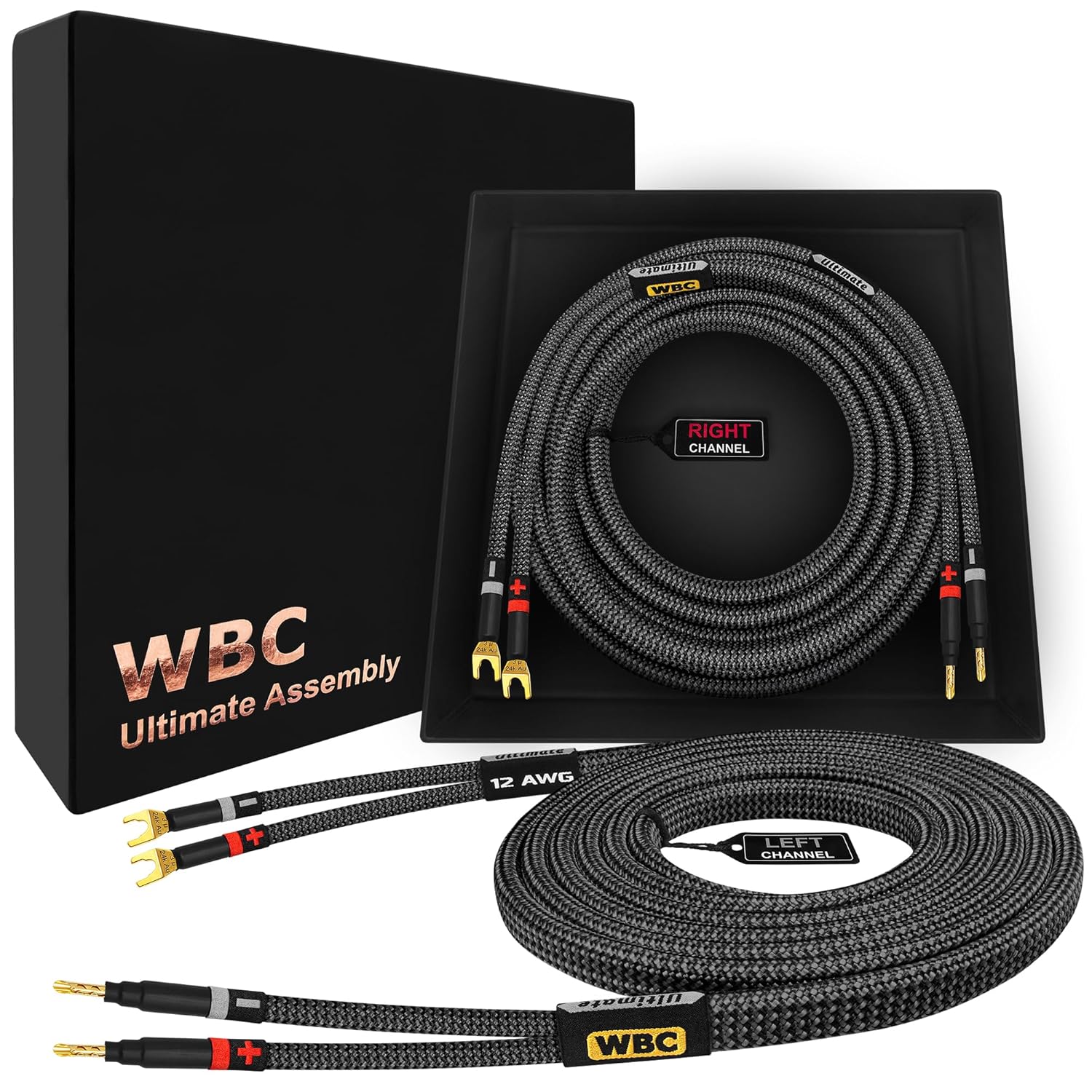 WORLDS BEST CABLES 8 Foot Ultimate - 12 AWG - Ultra-Pure OFC - Premium Audiophile HiFi Speaker Cable Pair with Eminence Gold Banana (x2) & Spade (x2) Plugs & Carbon Tweed Jacket