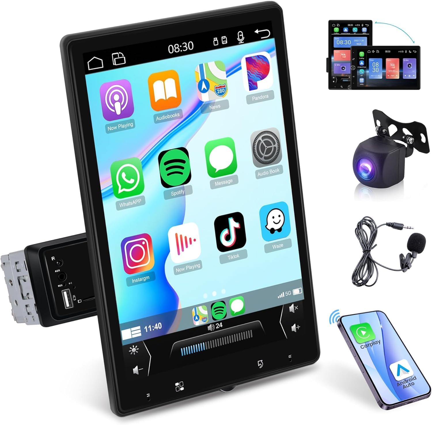 10.4 inch Single Din Car Stereo Wireless CarPlay Android Auto Mirror Link, Rimoody Rotational 2.5D Touch Screen 1280x800 Car Radio with BT FM/RDS/EQ USB/AUX/TF/SWC/MIC Car Audio Receiver Backup Camera