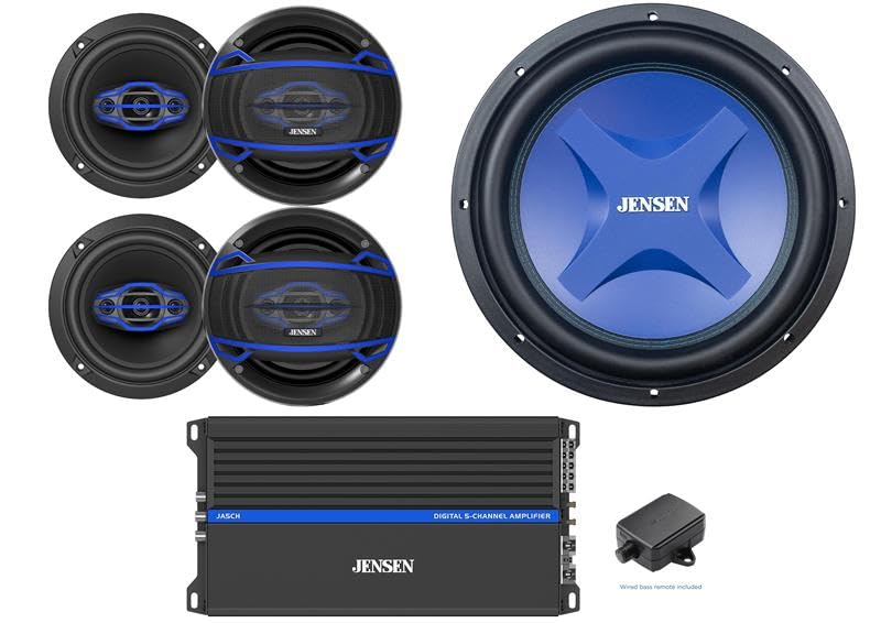 JENSEN JA5CH Class-D 5-Channel Amplifier with 2 Pairs 4-Way 6.5 inch Speakers and 12-inch Subwoofer Bundle