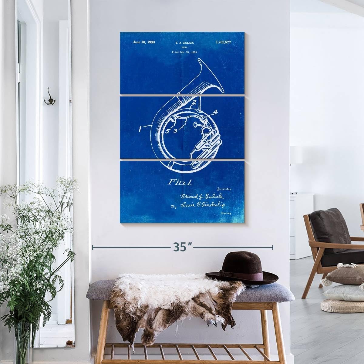 Elephant Stock - Faded Blueprint Sousaphone Patent Poster Wall Art - Vertical Multi Panel Canvas - 3 Piece Mancave Wall Decor - Drawing Music Blueprints Multi Piece Wall Art - Blue And White Decor by Cole Borders - 24