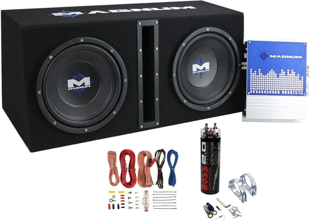MTX Magnum MB210SP 10-Inch 400W RMS Dual Subwoofer System, Soundstorm AKS8 8 Gauge Complete Wiring Kit, and Boss Audio CPBK2 2 Farad Power Capacitor