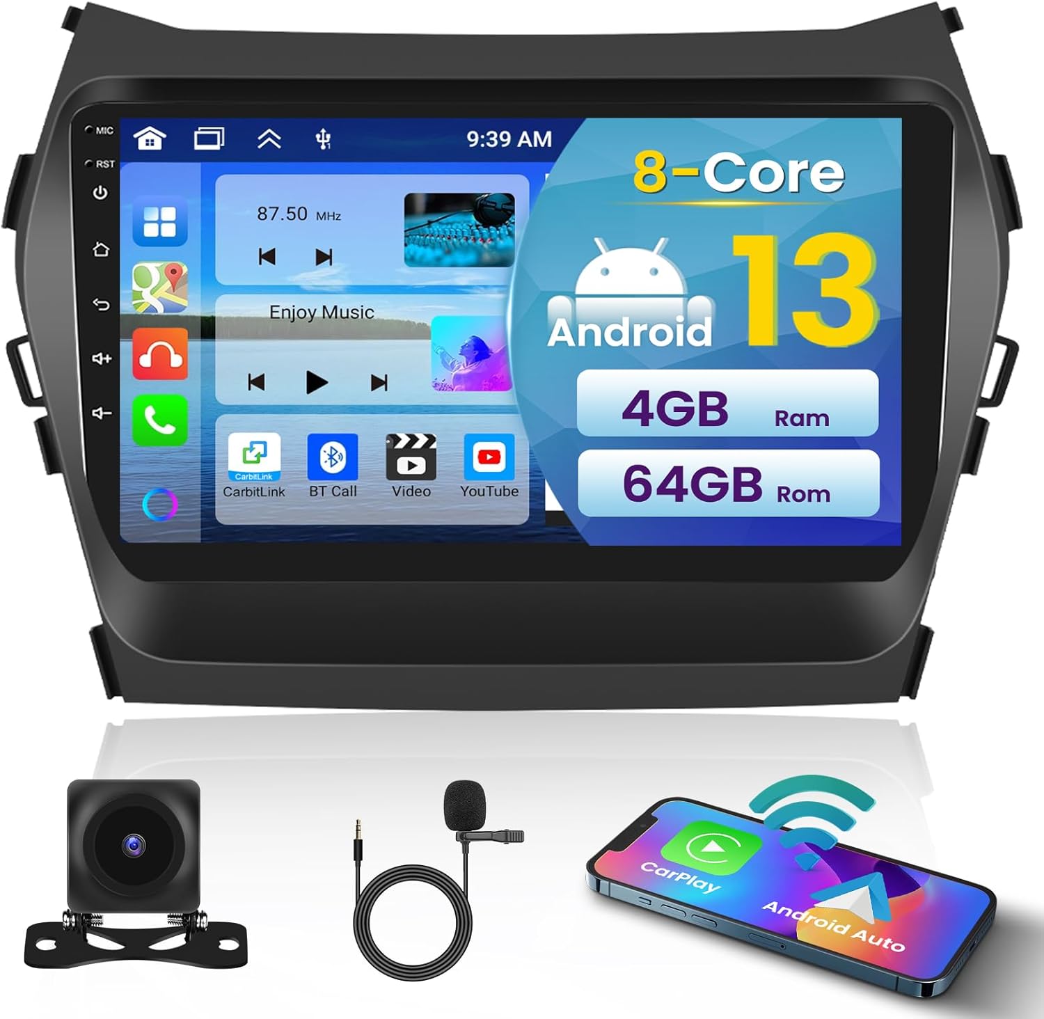 [8Core 4+64GB] Android 15 Car Radio Stereo for Hyundai Santa Fe 2013-2017 with Wireless Carplay Android Auto, 9 Inch Touchscreen Car Stereo with WiFi GPS Bluetooth5.0 FM/RDS 32EQ SWC Canbus