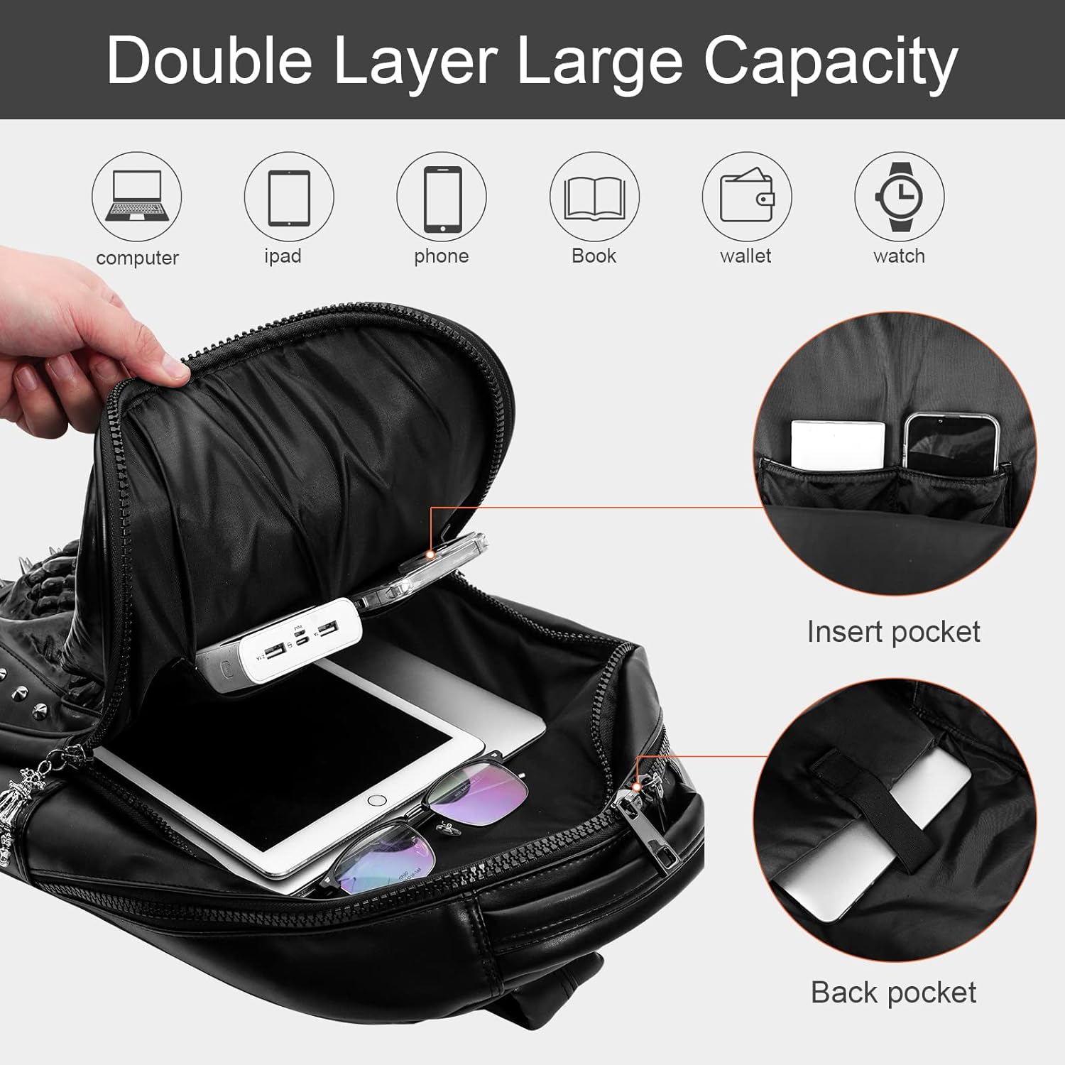 XUANNIAO 3D PU Leather Skull Backpack - Back Packs Steam Punk Rivet Personality Travel Bagpack College/High School Bags Bookbag School Computer Bag Laptop Backpack