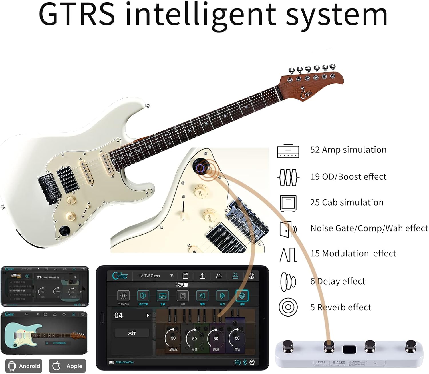 GTRS S800 Smart Electric Guitar Kit with Effects System, HHS Pickup, Loop Drum Machine, 12 Hours Battery Life, Rosewood Fretboard Glossy Paint for Beginner, Professional Player, Performance
