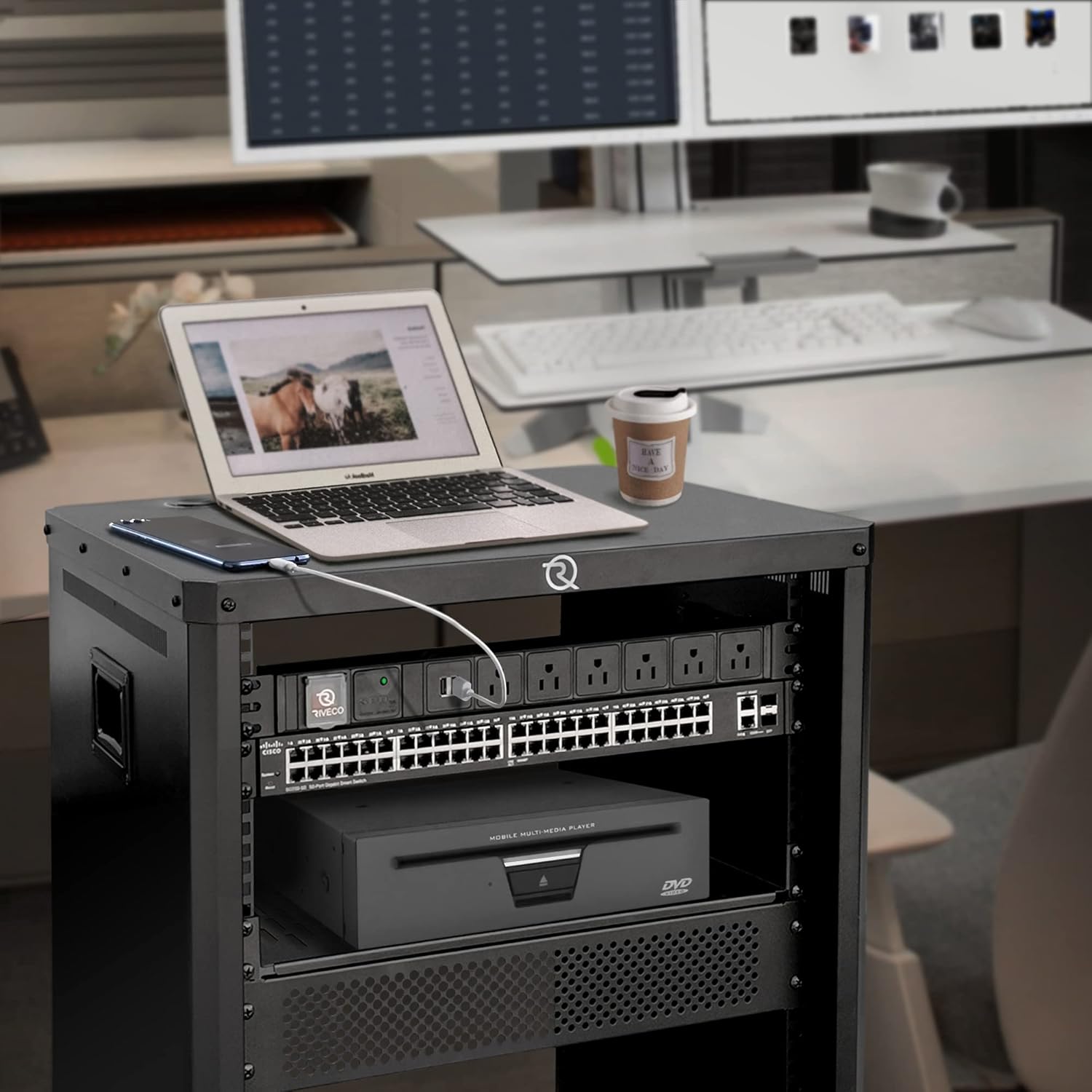 RIVECO 18U Stereo & Server Rack with Caster Wheels, Rolling Network Cabinet, Open Frame Rack for 19-inch Audio Video Music Recording & IT Equipment Lifting Handle & 1U 10