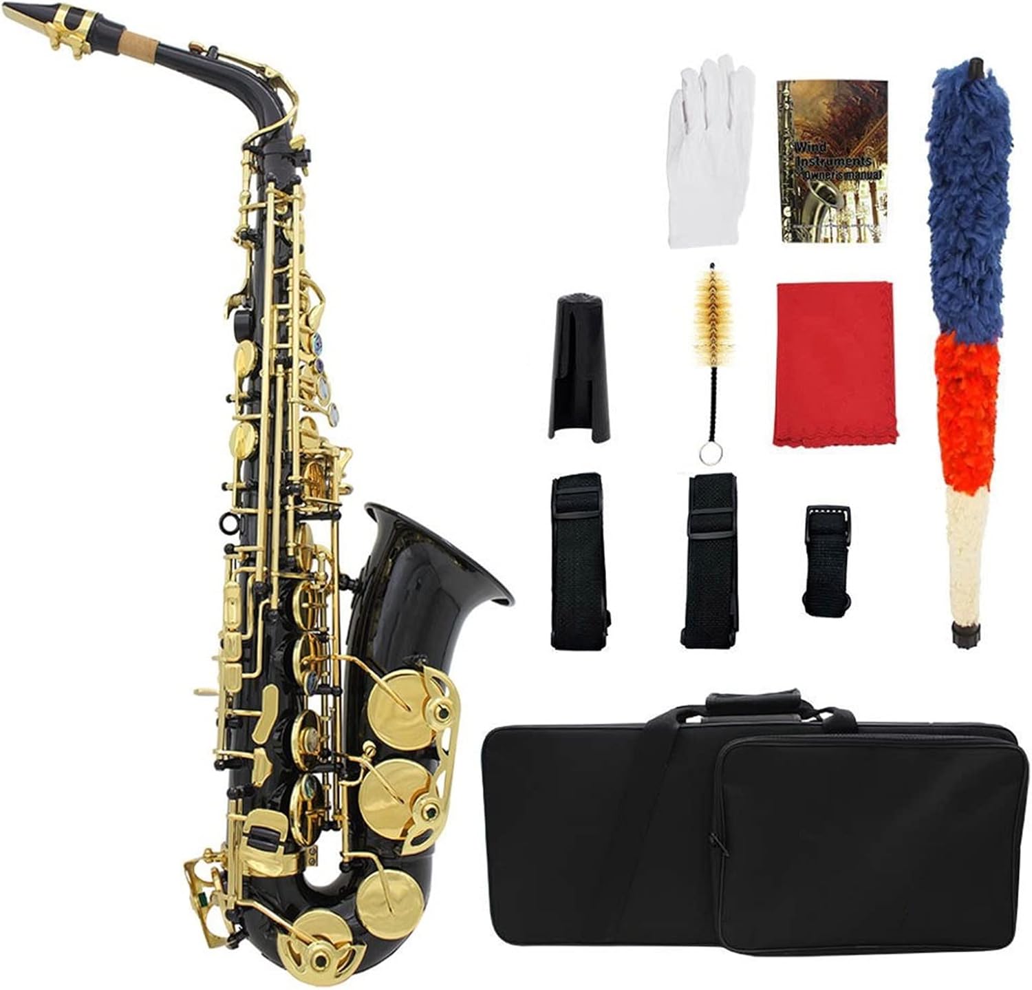 KESHUO Brass Engraved E- Flat Alto Saxophone Sax Abalone Shell Buttons Wind Instrument with Case Gloves Cleaning Cloth Belt Brush Brass Sax Beginners Kit (Color : Black)