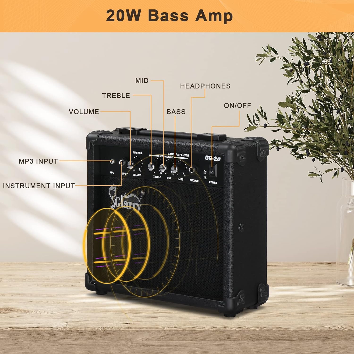 GLARRY Electric Bass Guitar 4 Strings Buring Fire Style Single Coil - Split Single Coil Pickups for Beginner Adults Right Hand w/ 20W Amp, Bag, Strap and Cord (Sunset)