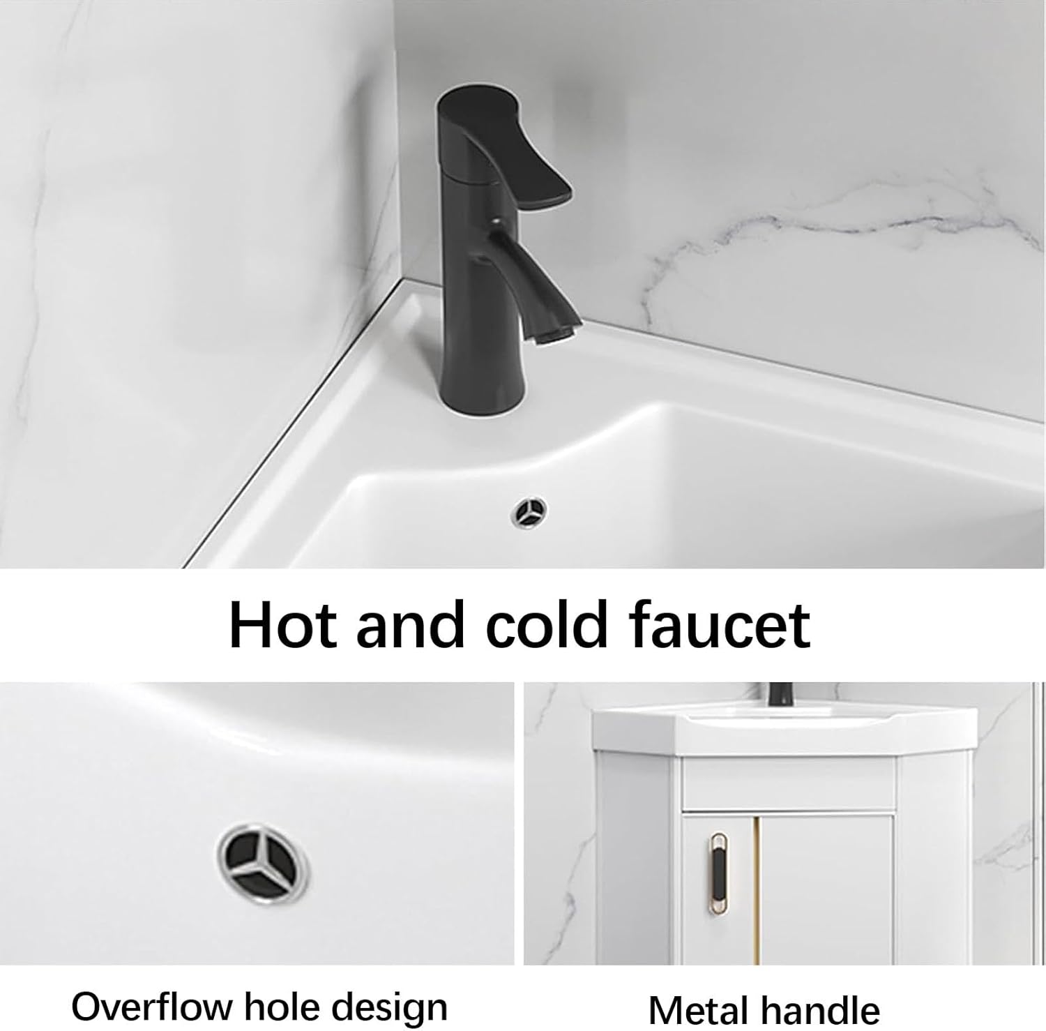 Corner Bathroom Vanity Triangle Ceramic Wall Mount Sink with Storage Space Wall Mount Corner Sink with Mirror, Faucet, Accessories, for Small Space(17in/43cm)