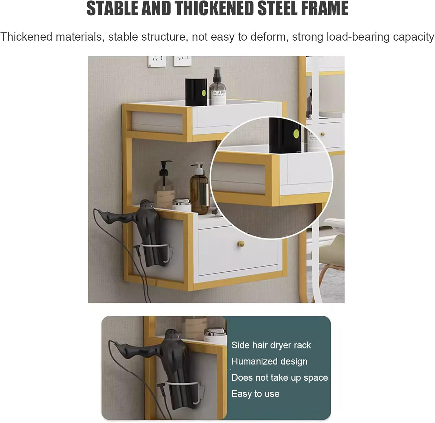 Wall Mount Hair Salon Station Styling Barber Stations , Modern Barber Salon Storage Cabinet, Open Storage Beauty Spa Equipment, Bathroom Dresser Corner Makeup with Drawer and Hair Dryer Rack, set of