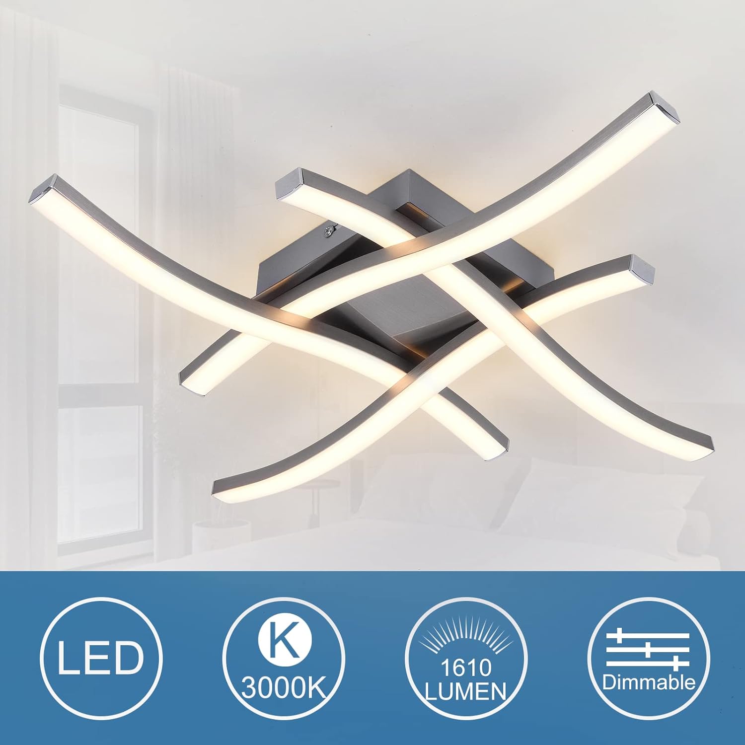 EDISLIVE Modern Dimmable LED Ceiling Light Curved 4-Light 18 in Minimalist Flush Mount Ceiling Light Fixture Lamp for Bedroom Foyer Kitchen 3000K 24W Nickel