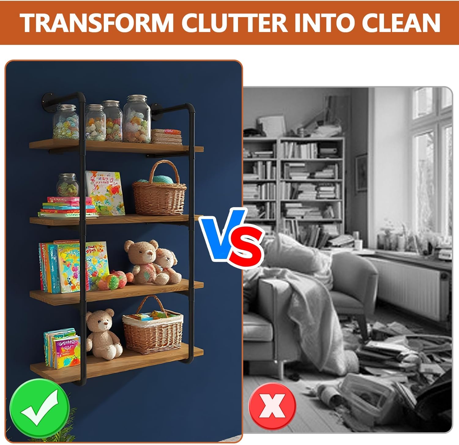 5-Tier Vintage Book Shelf, Industrial Style Display Shelving Unit, Metal and Wood Rustic Brown Bookshelves, Farmhouse Open Book Shelves for Living Room Bedroom Home Office (4-Tier)