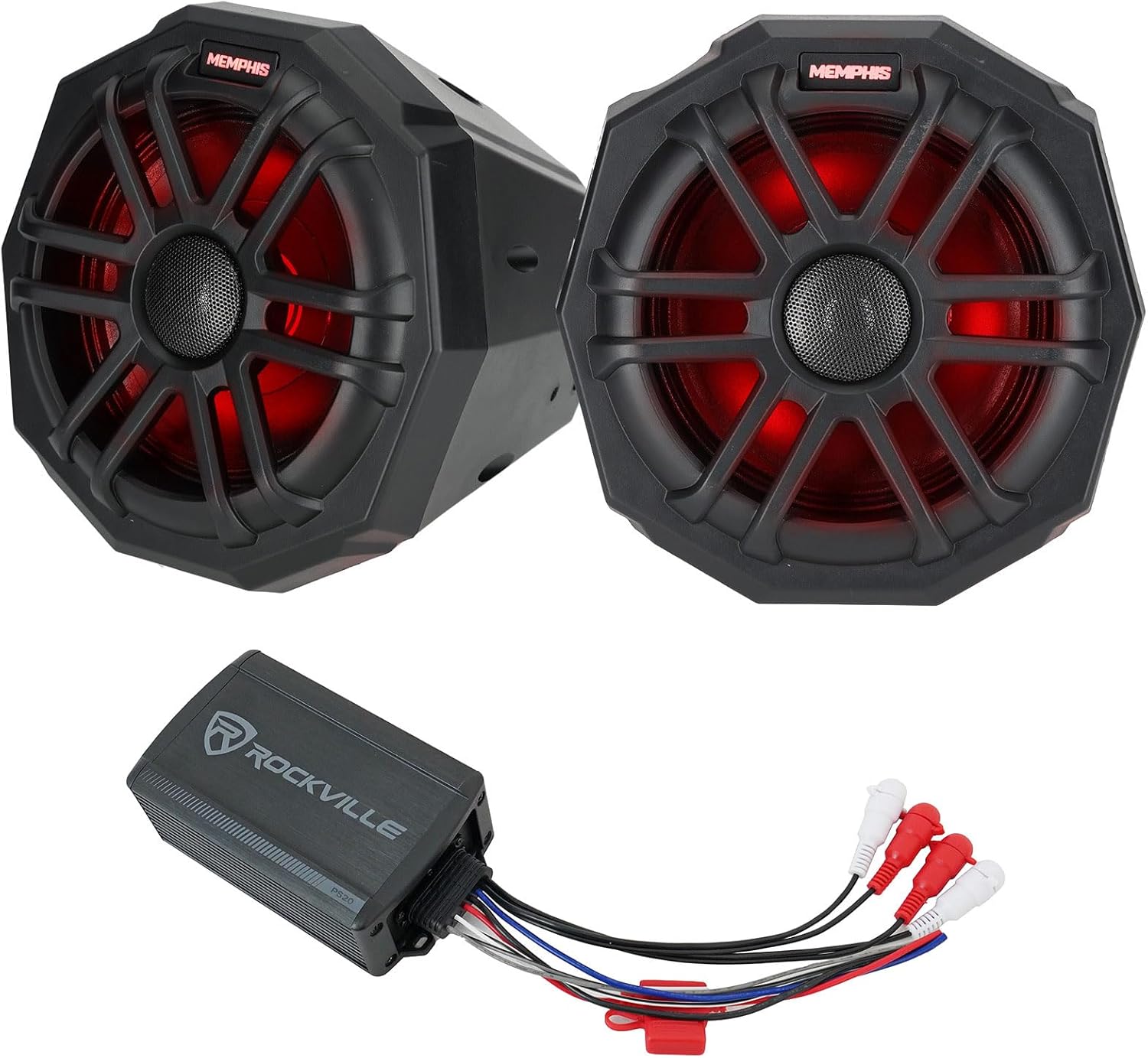 Memphis Audio TLN65FE Bundle: Pair PlugnPlay Speakers 150W peak/75W RMS with Pod Enclosures, PS20 2-Channel Bluetooth Amplifier IP65, for Honda Talon 2019, 2-Items