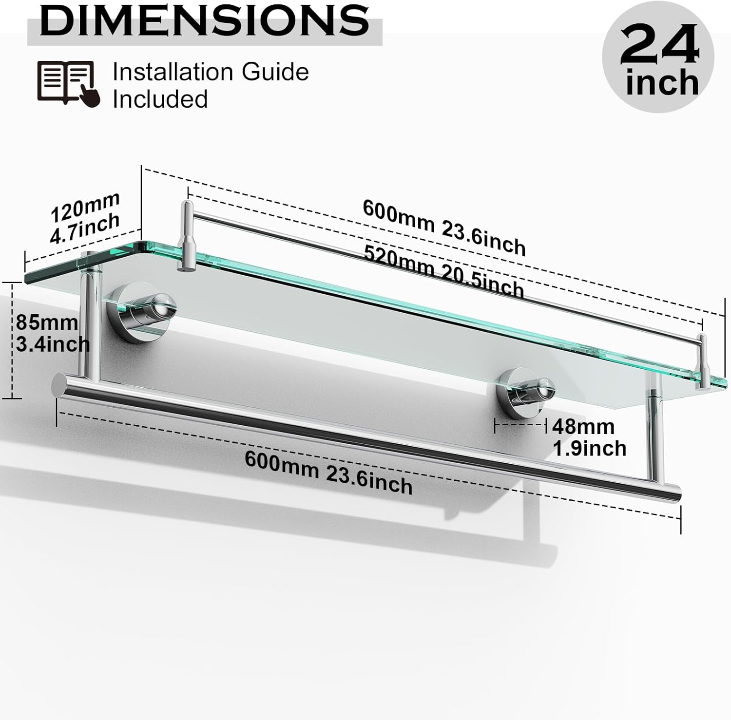 Glass Shelf for Bathroom 2 Pack,24-Inches Floating Glass Shelves Towel Bar/Track(Chrome Polished)