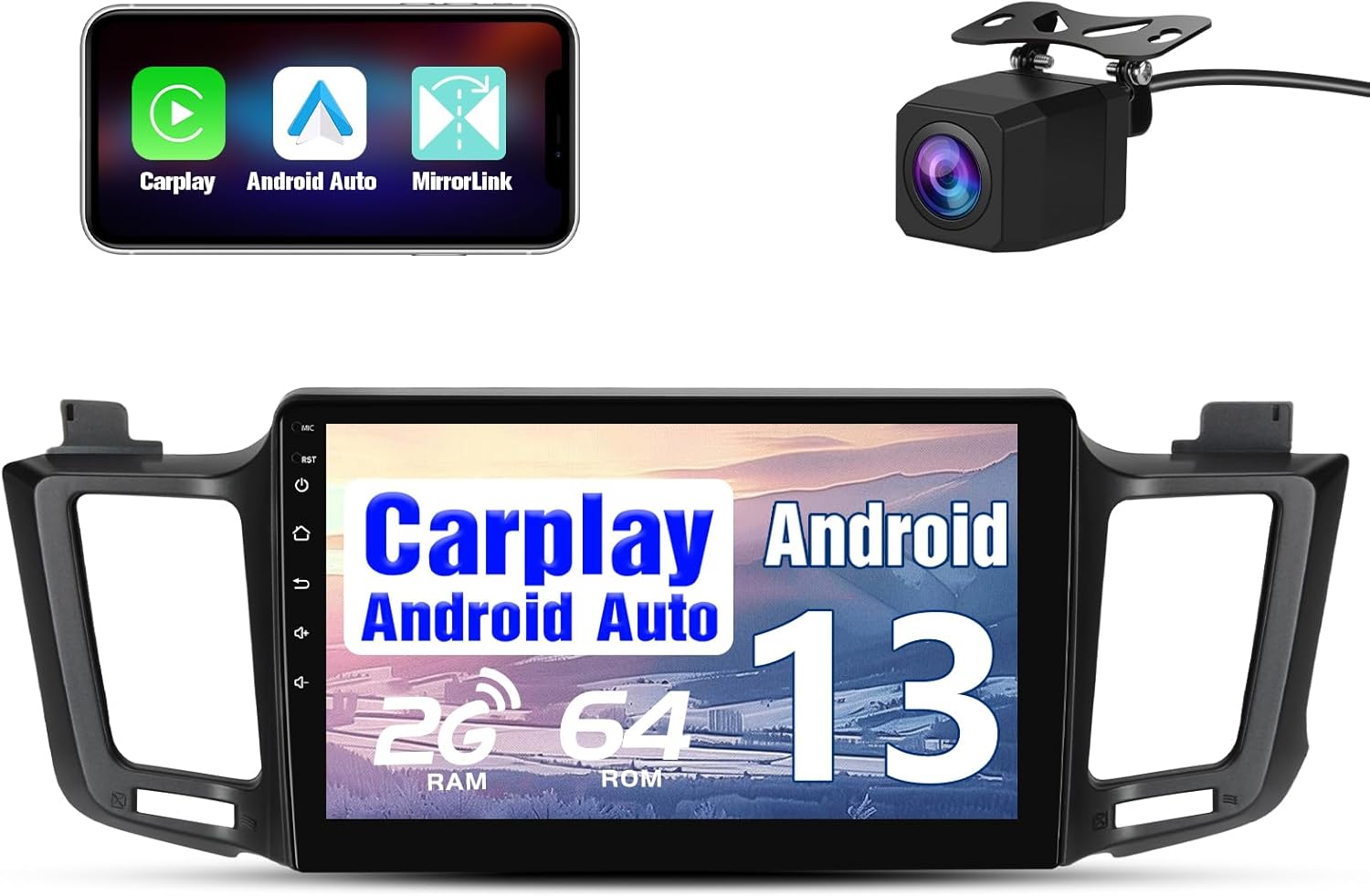 2G+64G Car Radio Stereo for Toyota RAV4 2013-2018 10.1Inch Android Head Unit Touchscreen with Wireless CarPlay Android Auto Bluetooth GPS Navigation with Rear Camera (C)