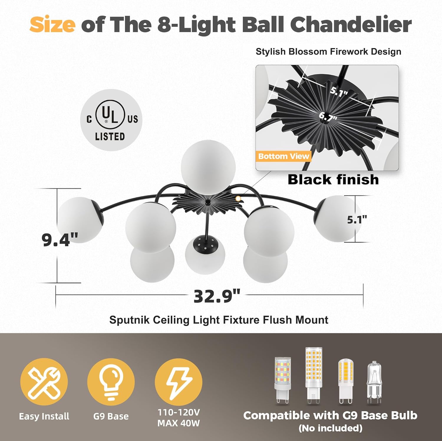 8-Light Mid Century Sputnik Semi Flush Mount Ceiling Lights Black, 32.9 in. Milk Glass Globe Light Blossom Accent Glass Bubble Chandeliers Light Fixture for Dining Bedroom Living Entry