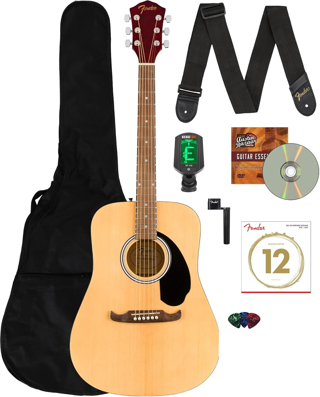 Fender FA-125 Dreadnought Guitar - Natural Bundle with Gig Bag, Tuner, Strap, Strings, String Winder, Picks, and Austin Bazaar Instructional DVD