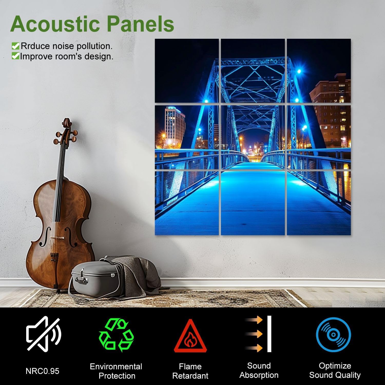Art Acoustic Panels Self Adhesive Grand Rapids night 9 Packs Decorative Soundproof Wall Panels Large Sound Absorbing Panels for Home Office 60