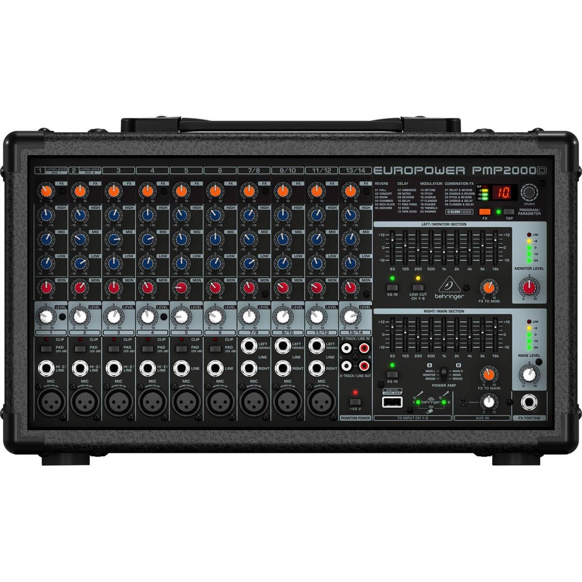 Behringer EUROPOWER PMP2000D 2000-Watt 14-Channel Powered Mixer - With 4x 25' XLR Microphone Cables