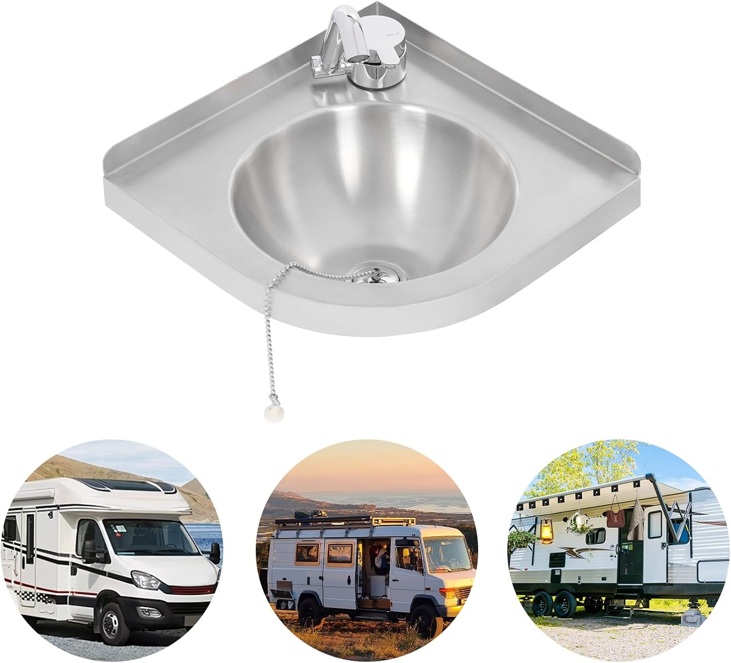 Triangular Stainless Steel Sink, Bathroom Water Channel Wall Mount Corner Small Sink, Wall-mounted Corner Trough Mini Kitchen Basin w/Faucet, Drain Plug, Hose for Kitchen Bathroom