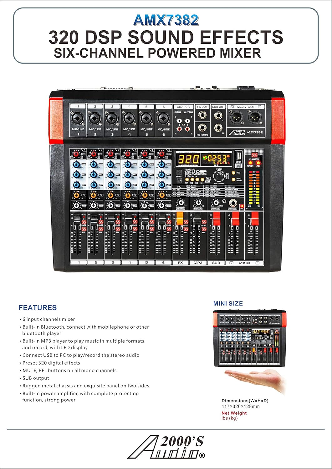 Audio2000'S AMX7382 Six-Channel Powered Audio Mixer with 320 DSP Sound Effects, Stereo Sub Out with Sub-Out Level-Control Fader, Level-Control Faders on All Channels, and USB/Computer Interface