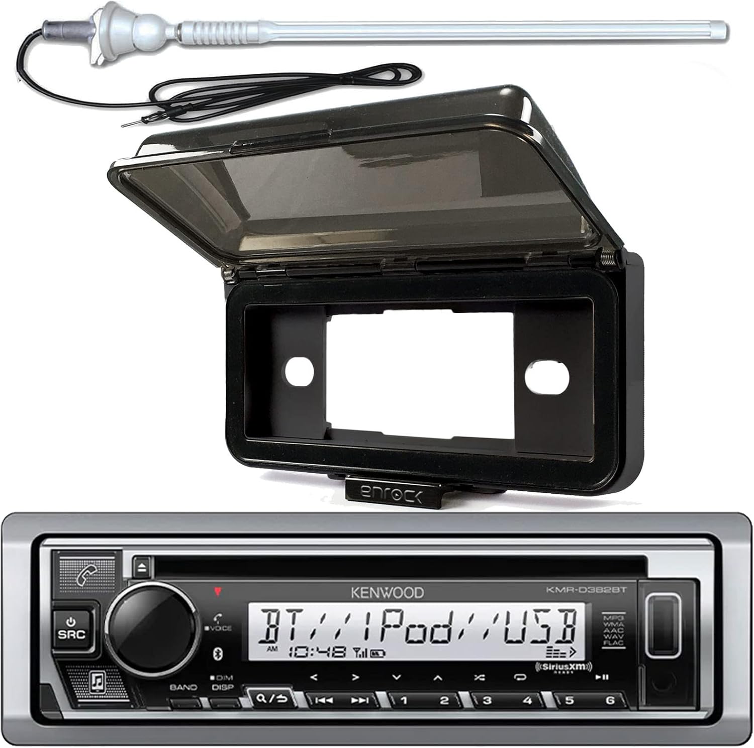 Single DIN Marine Boat Yacht Outdoor In Dash Bluetooth CD Player USB AM/FM Radio Stereo Receiver Bundle Combo With Splashproof Radio Cover, Marine Radio Antenna - Complete Marine Kit (CD Player)