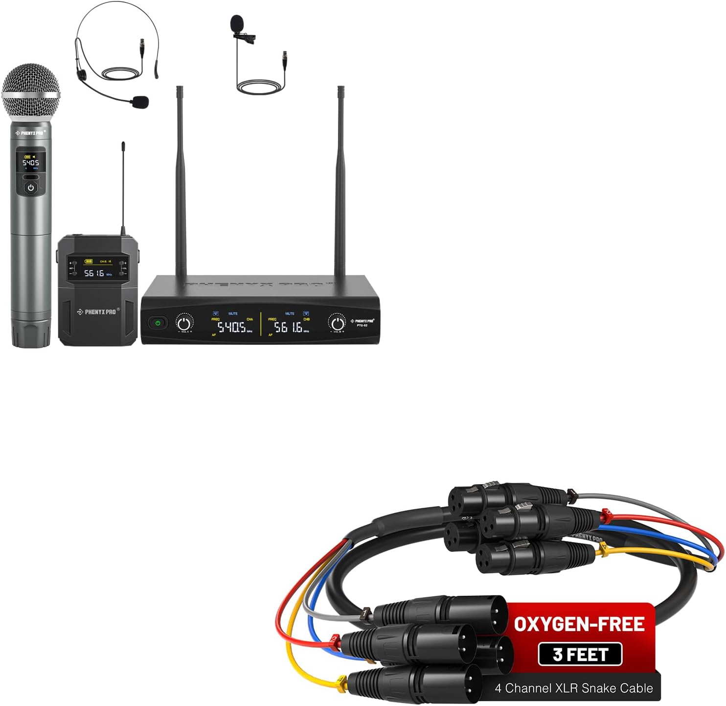 Phenyx Pro UHF Wireless Handheld Microphone System PTU-52-1H1B Bundle with 3Ft XLR Snake Cable