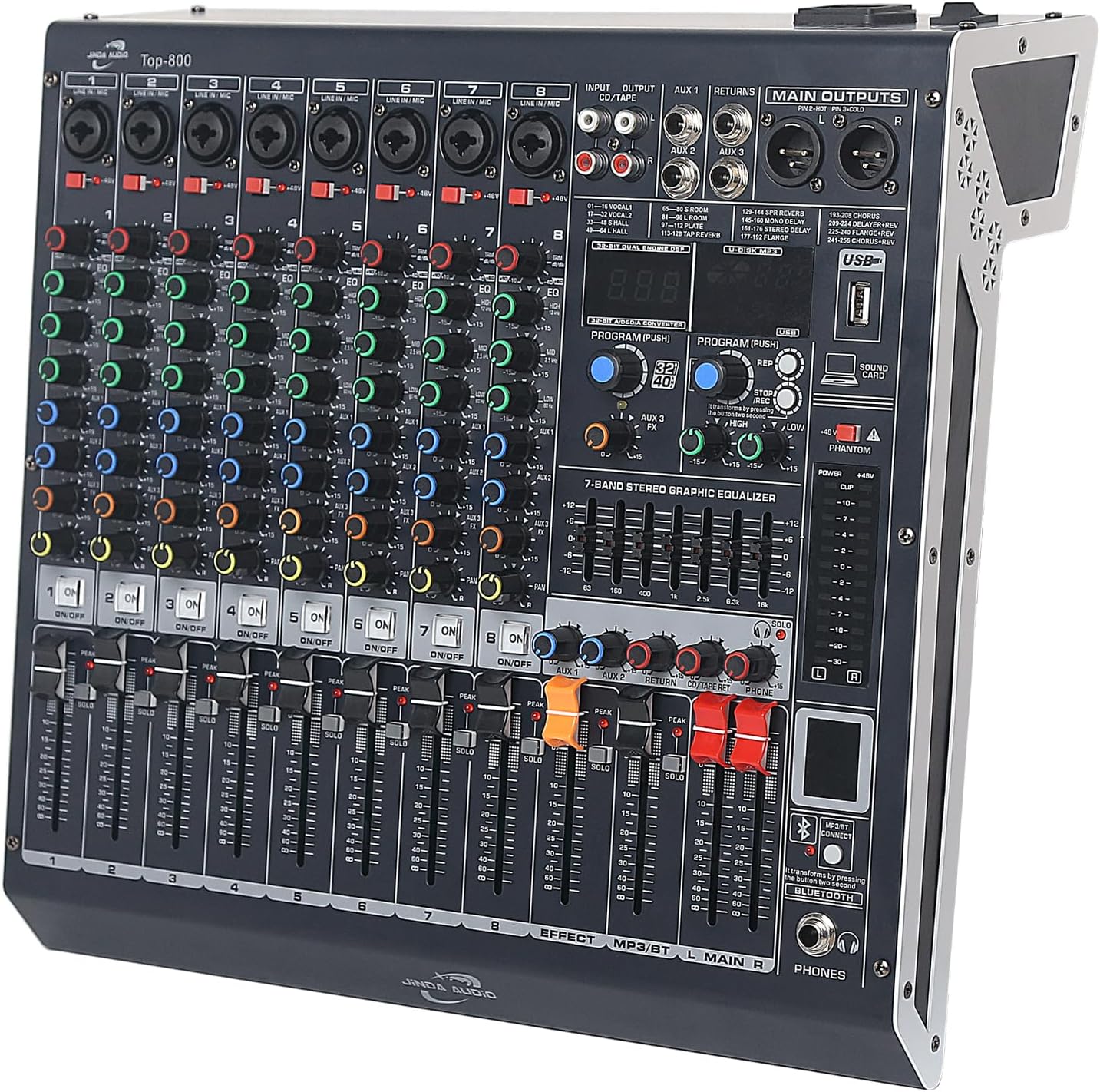 Audio Mixer 8 Channel, DJ Mixer Board with Bluetooth and Usb, Audio Sound Card with Interface Recording and 48V Phantom Power, Sounds Mixer with 256 DSP FX Reverb Delay Effect for Streaming