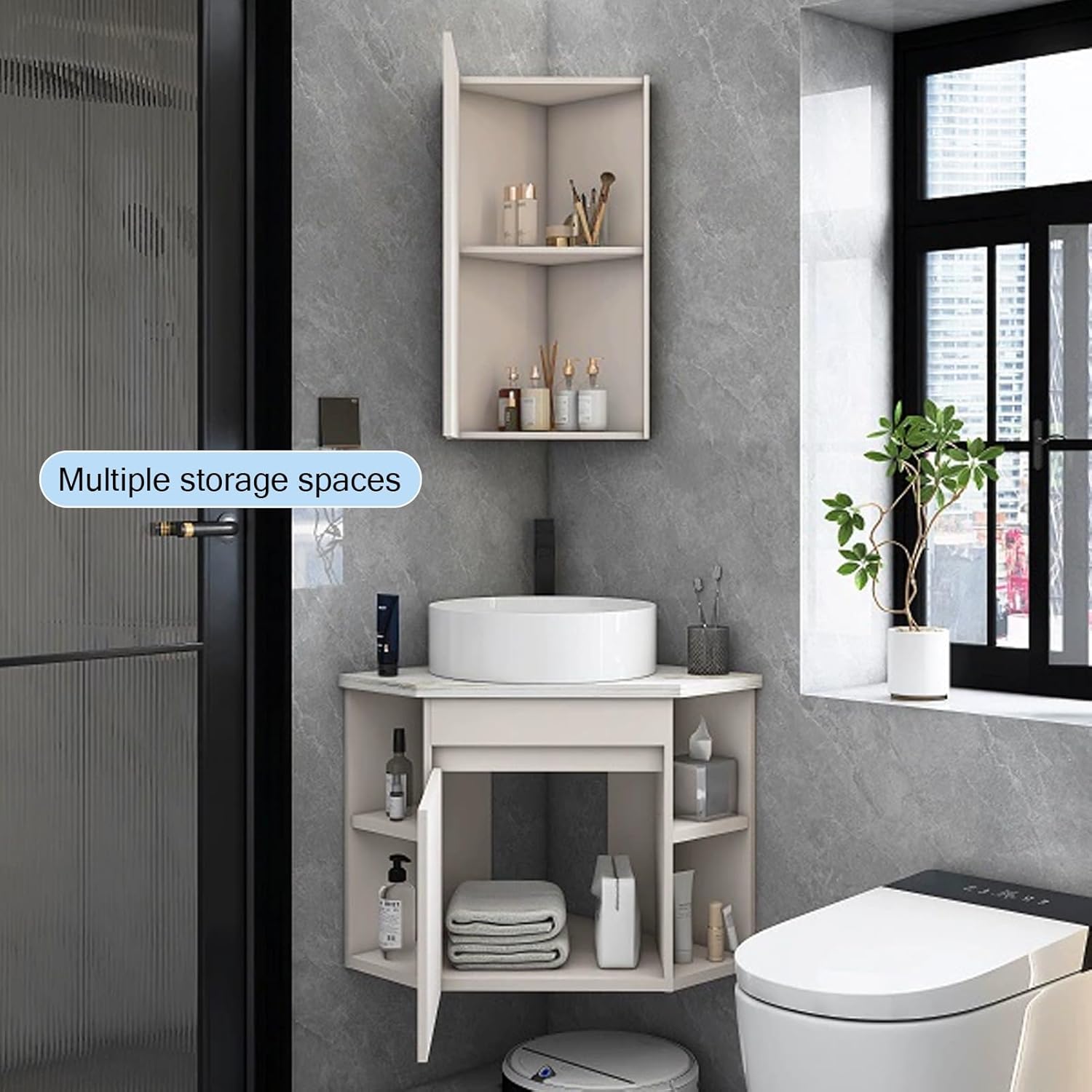 Corner Bathroom Sink, Corner Bathroom Vanity with Mirror Cabinet, Wall Mount Ceramic Vanity Sink, Floating Wash Basin with Sink Cabinet(15inchx38cm)