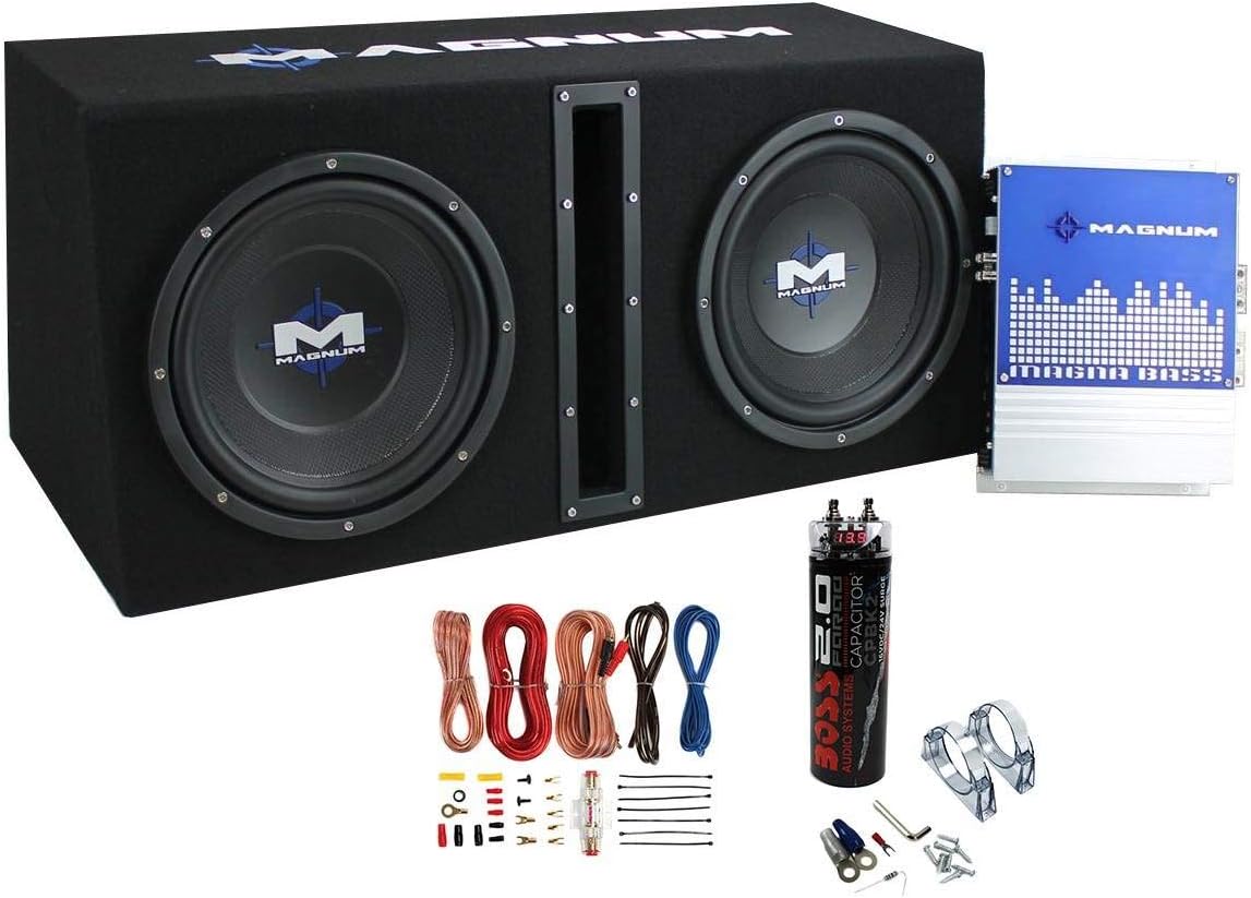 MTX Magnum MB210SP 10-Inch 400W RMS Dual Subwoofer System, Soundstorm AKS8 8 Gauge Complete Wiring Kit, and Boss Audio CPBK2 2 Farad Power Capacitor