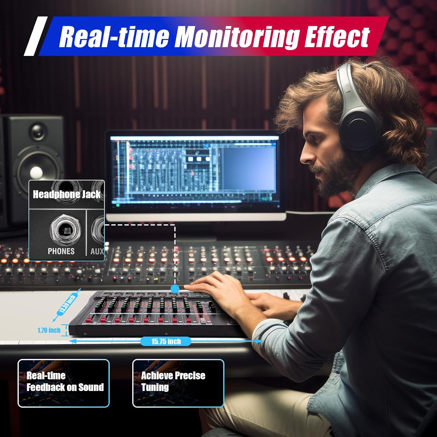 Professional 8-Channel Audio Mixer, Audio Interface, Bluetooth Studio Audio Mixer Live Sound Mixing Console with USB, Music Recording Equipment with 48V Phantom Power RCA Input XLR