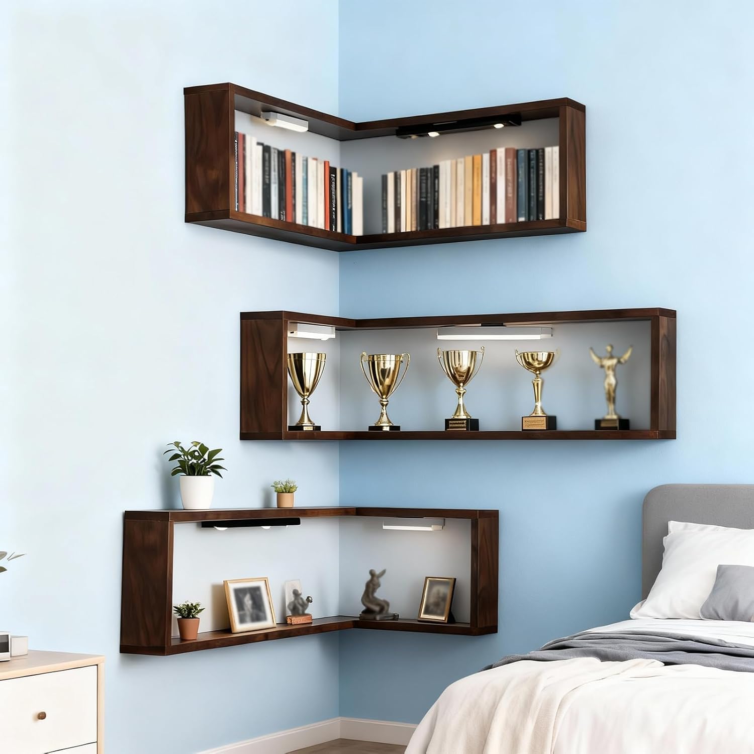 Amacthysh Corner Shelves L-Shaped Wall-Mounted Corner Shelf Display Rack Wood Color Corner Floating Storage Shelves for Books Decor Plants,3pcs