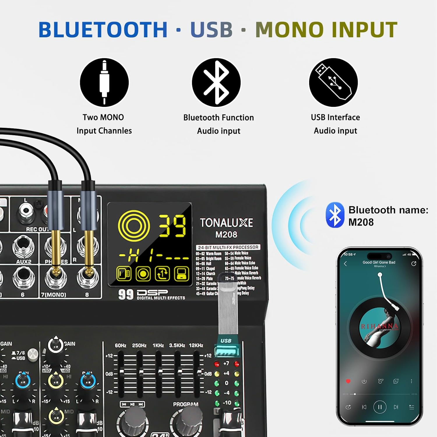 8 Channel Mixer Audio, Professional Music Sound PA Mixer DJ Mixing Board Console with 99 DSP Effects, 5-band EQ, Bluetooth, USB Interface, 48V Phantom Power for Recording Stage Karaoke