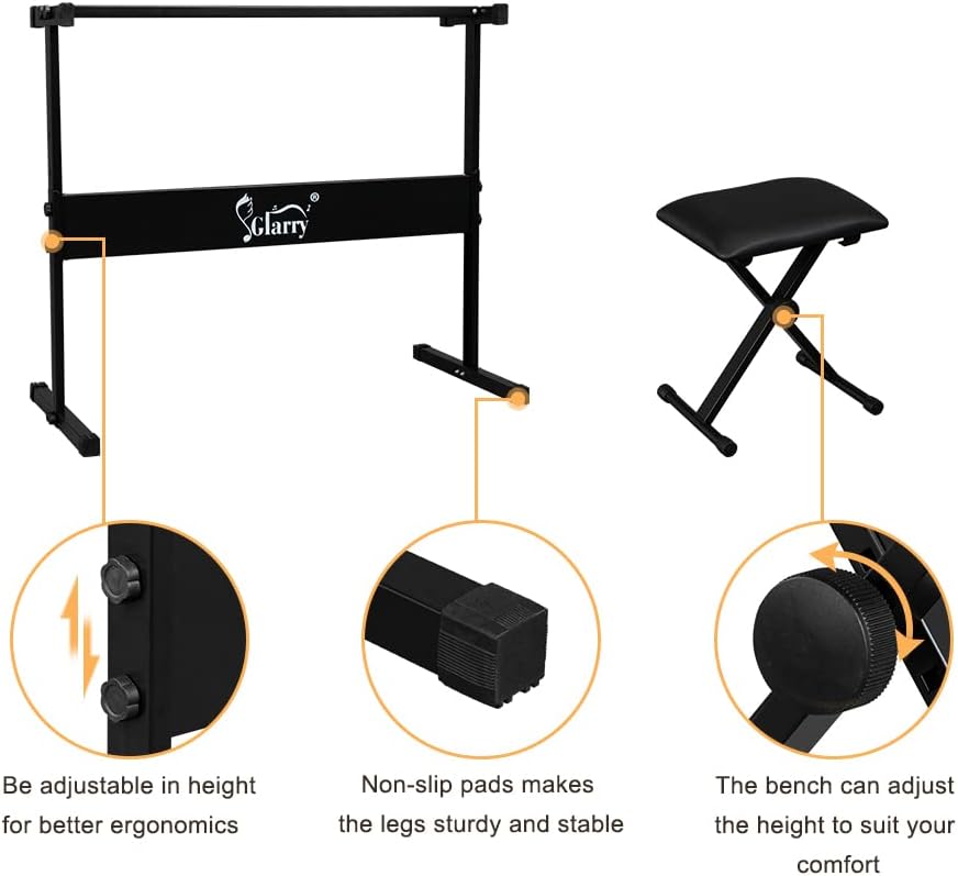 GLARRY 61-Key Portable Electronic Keyboard Piano set w/LCD Screen, Stand, Microphone, Headphones, Stand, Bench, Teaching Modes, Built-In Speakers