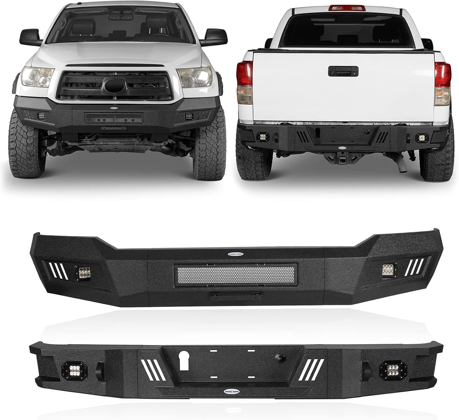 Hooke Road Tundra Front & Rear Bumpers w/LED Lights & License Plate for 2007 2008 2009 2010 2011 2012 2013 Toyota Tundra, Textured Black Steel Full Width Bumpers