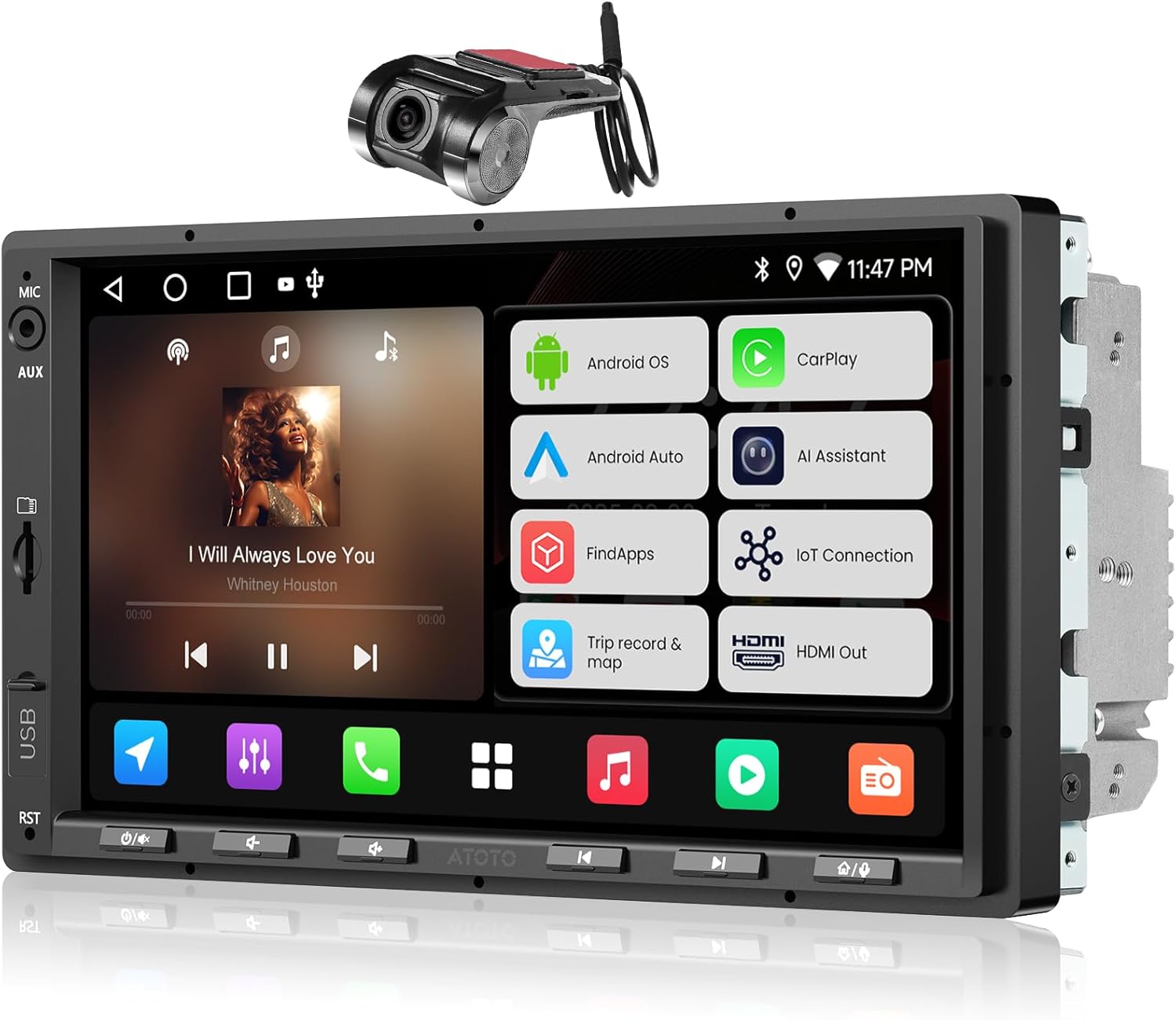 A5L 7 inch Android Double DIN Car Stereo with 1080P Front DVR Cam, Wireless Carplay & Android Auto, WiFi/BT/USB Tethering, Touchscreen Radio 2G+32G, DSP, 24-Band EQ, MirrorLink,FM/AM/AUX