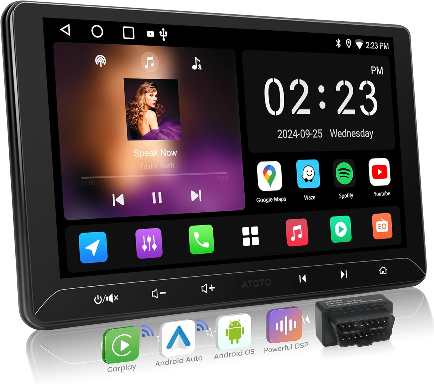 A5L 10.1 inch Android Double DIN Car Stereo, Wireless CarPlay/Android Auto, 1280x720 IPS Touchscreen, 2G+32G, WiFi/BT/USB Tethering, AI Chat, DSP 24-Band EQ, OBD2 Scanner, FM/AM/LRV
