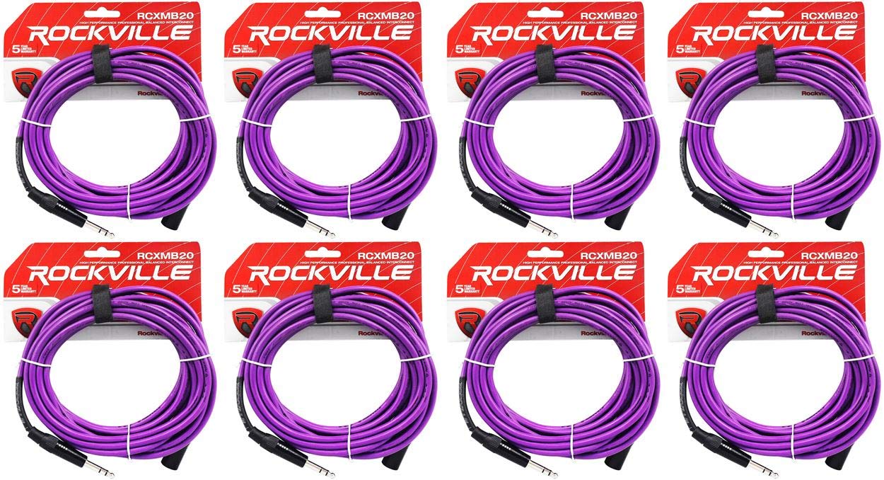 Rockville RCXMB20-P 20ft REAN XLR Male to 1/4 in TRS Balanced Audio Cables, Purple Color, Nickel Plated Connectors, OFC Conductors, 8-Piece