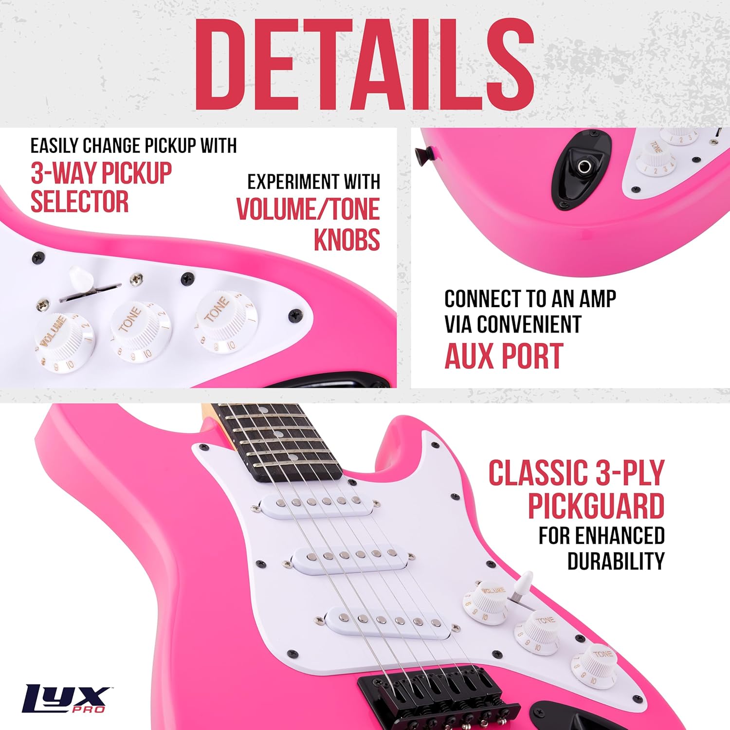 LyxPro 36 Inch Electric Guitar and Kit for Kids with 3/4 Size Beginner’s Guitar, Amp, Six Strings, Two Picks, Shoulder Strap, Digital Clip On Tuner, Cable and Soft Case Gig Bag -Pink