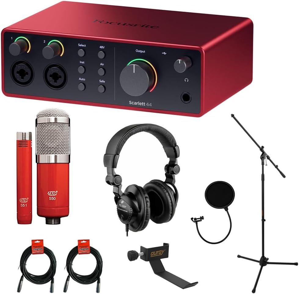Focusrite Scarlett 4i4 USB-C Audio/MIDI Interface (4th Gen) Bundle with Studio Monitor Headphones, MXL 550/551 Microphone Ensemble Kit, Pop Filter, Mic Stand, Headphone Holder and 2x XLR Cable