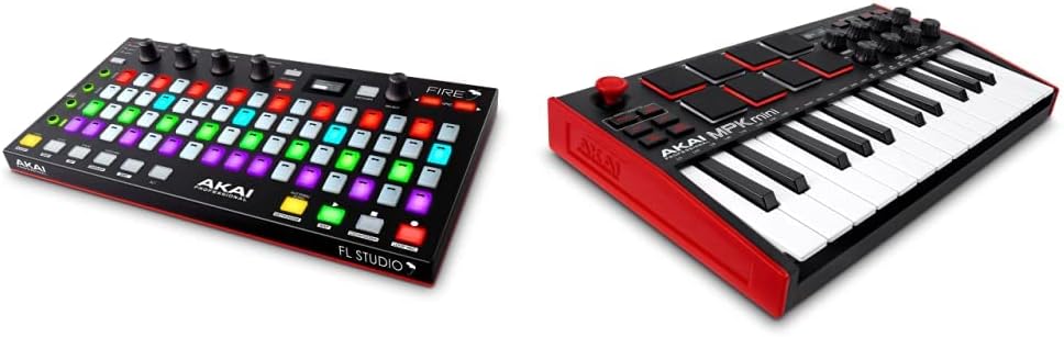 AKAI Professional Fire – USB MIDI Controller for FL Studio with 64 pad RGB Clip/Drum Pad Matrix & Professional MPK Mini MK3-25 Key USB MIDI Keyboard Controller With 8 Backlit Drum Pads