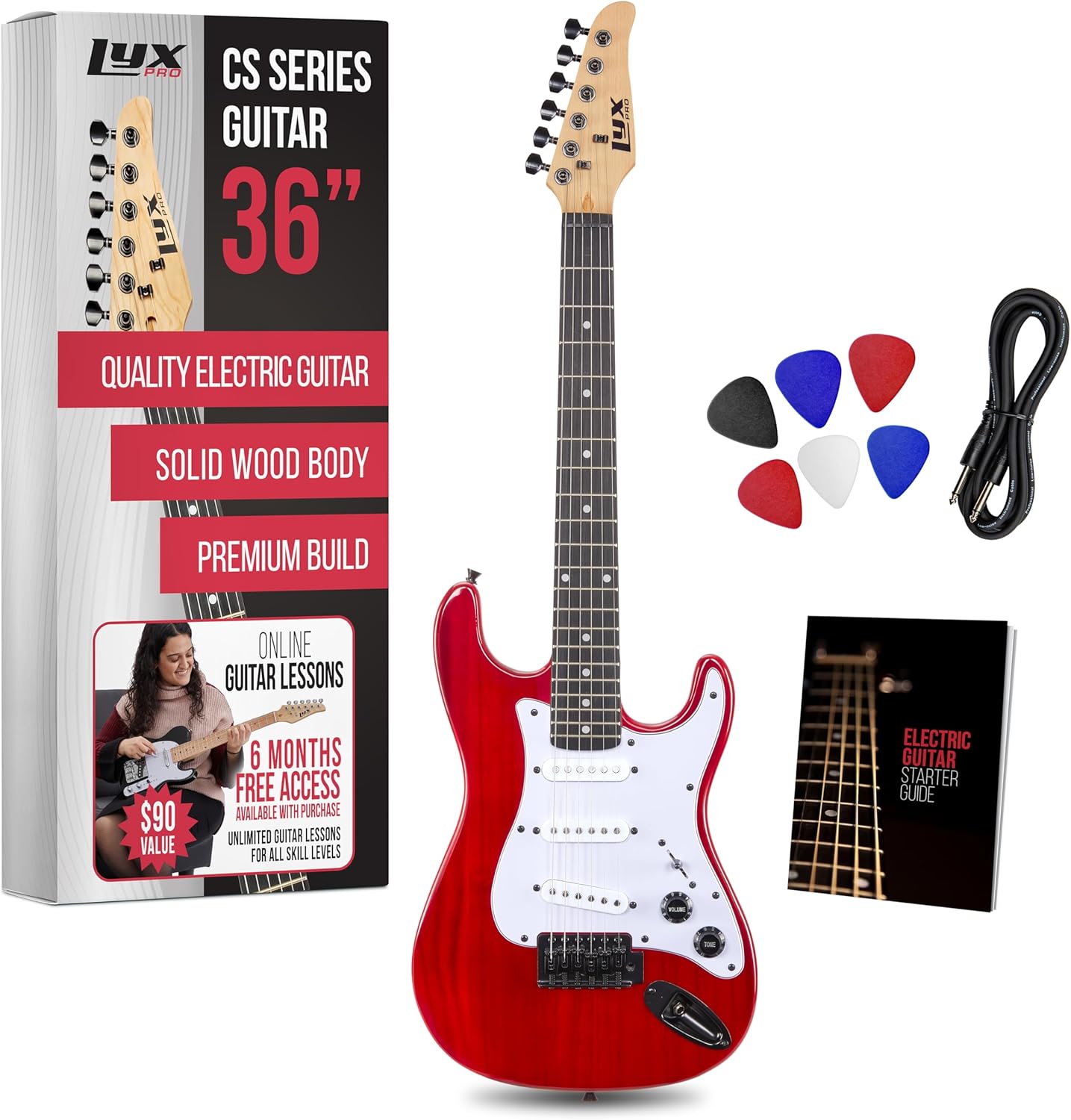 LyxPro CS 30” Electric Guitar Kit for Beginner, Intermediate & Pro Players with Guitar, Amp Cable, 6 Picks & Learner’s Guide | Solid Wood Body, Volume/Tone Controls, 5-Way Pickup - Red
