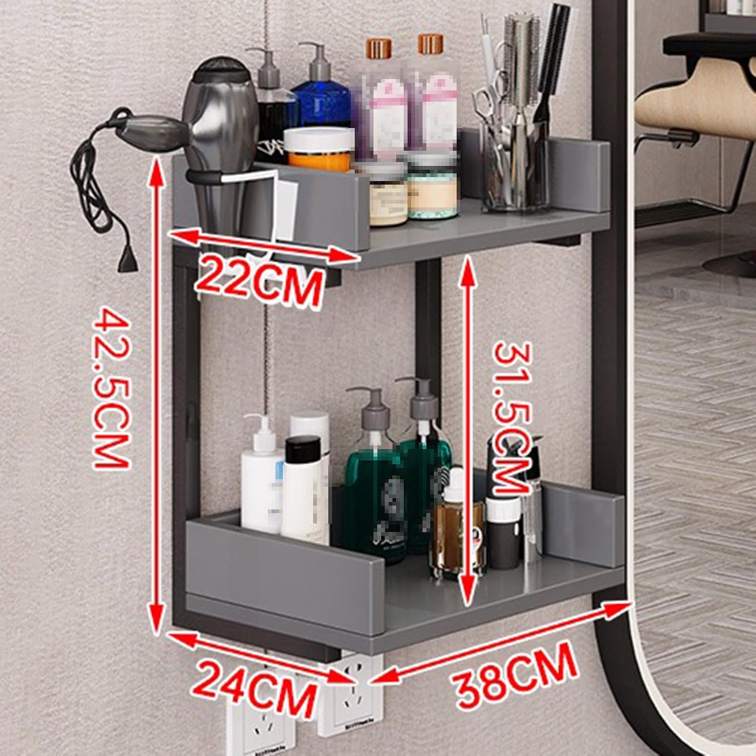 Salon Stations for Hair Stylist, Modern Wall Mount Barber Hair Styling Tool Storage Cabinet, Open Storage Beauty Spa Salon Equipment , Bathroom Corner Salon Station Makeup Organizer with Hair Dryer