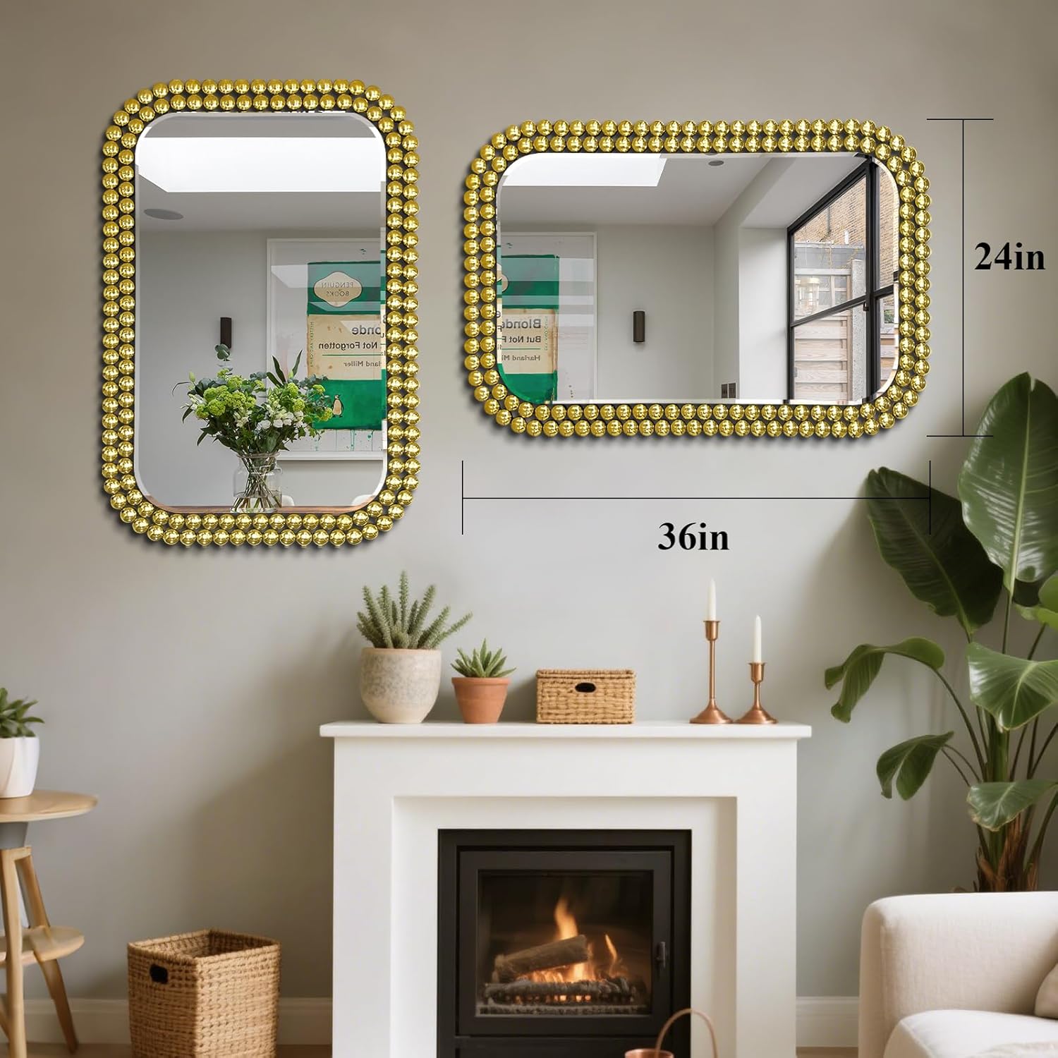 Wall Mount Bathroom Mirror Beaded Framed Baroque Decorative Vanity Mirror Rounded Corner Rectangle Mirror for Wall,Over Sink，Bedroom