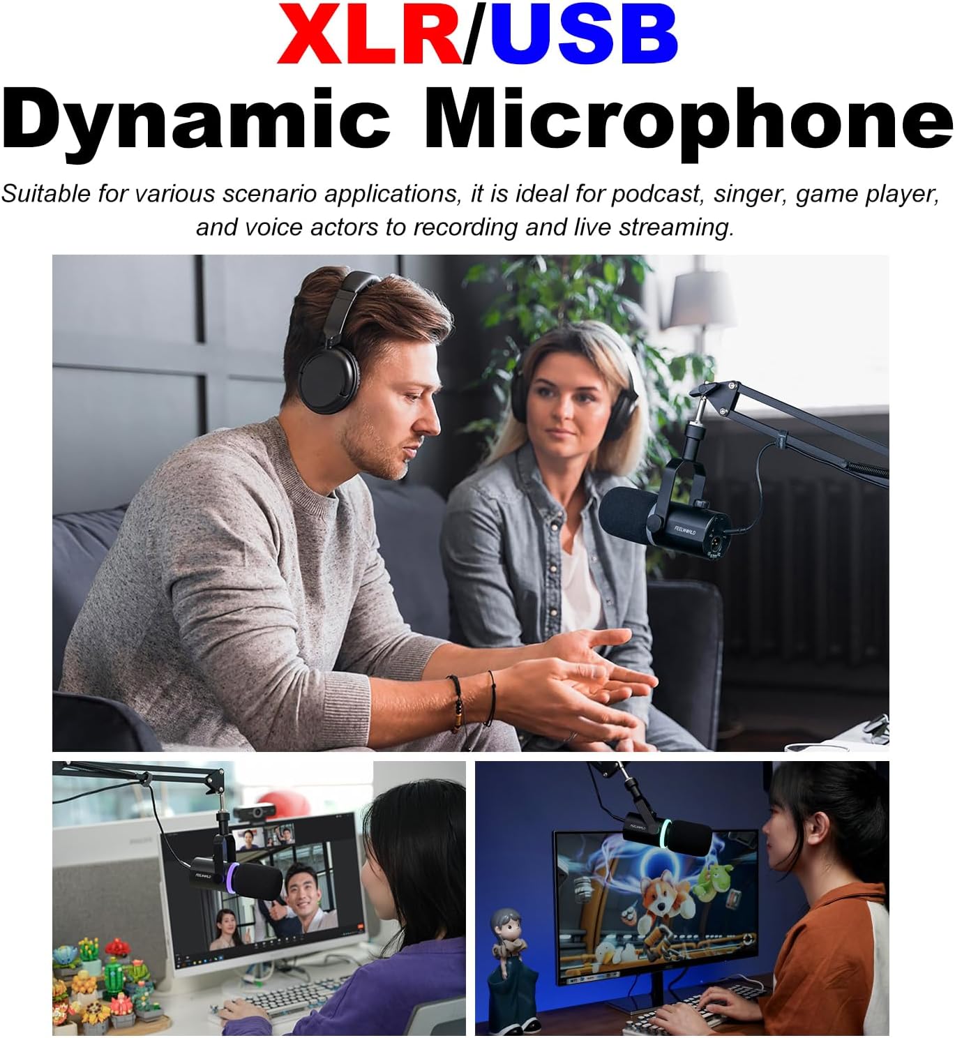 FEELWORLD PM1 XLR/USB Dynamic Metal RGB Lighting Microphone,50Hz-14kHz,XLR Output,USB-C Output,Real-time Monitoring,Multiple Function Key&Knob for Podcasting Recording Gaming Live Streaming