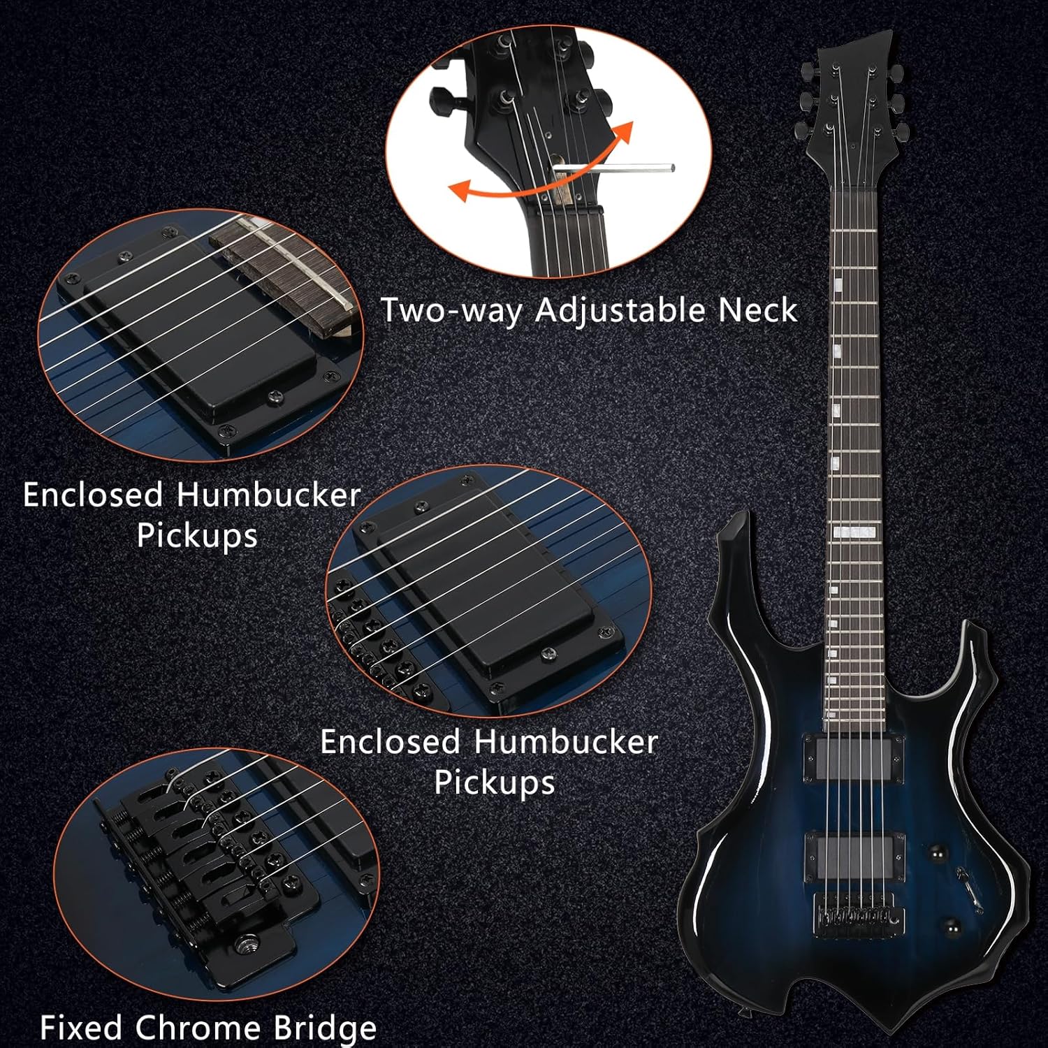 Solid Body Electric Guitar, Flame Design Electric Guitar Kit with 20Watt Amp, Gig Bag, Shoulder Strap, H-H Pickups 36 Inch Electric Guitars for Beginners & Professional (Blue)