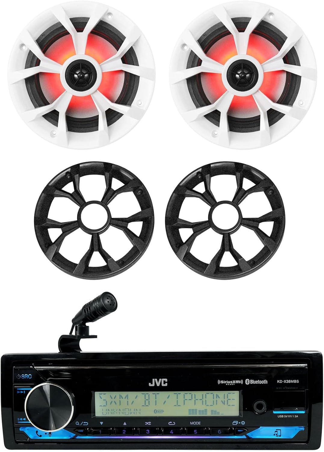 Audiosavings Bundle: JVC KD-X38MBS 1-Din Car/Marine/UTV/Motorcycle Stereo Receiver w/Bluetooth/USB Bundle with Pair Rockville RKL65MBW 6.5